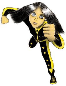 Drawn female comic character running, wearing a black and yellow superhero style outfit